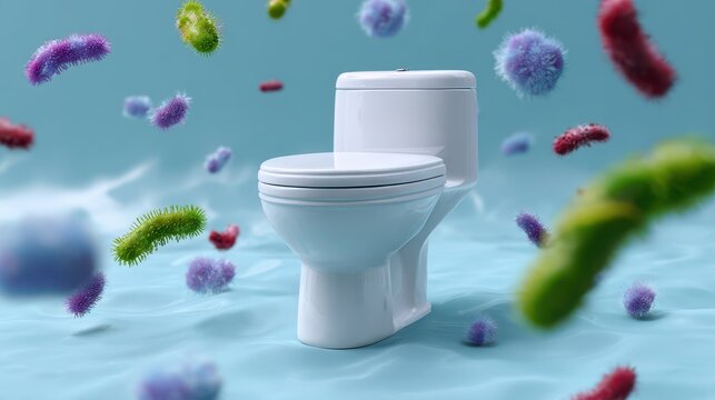 White Toilet Surrounded by Colorful Floating Bacteria and Germs Illustrating Bathroom Hygiene and Microbial Contamination Concept