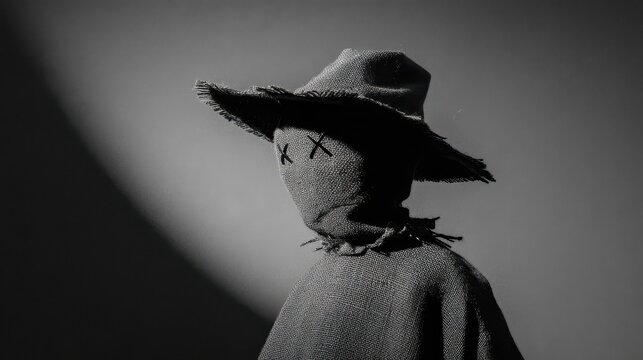 Mysterious Scarecrow Figure with Stitched Cross Eyes and Wide Brimmed Hat in Dark Monochrome Horror Portrait