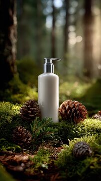 White Cosmetic Pump Bottle Mockup on Green Forest Moss Surrounded by Pine Cones in Natural Sunlight