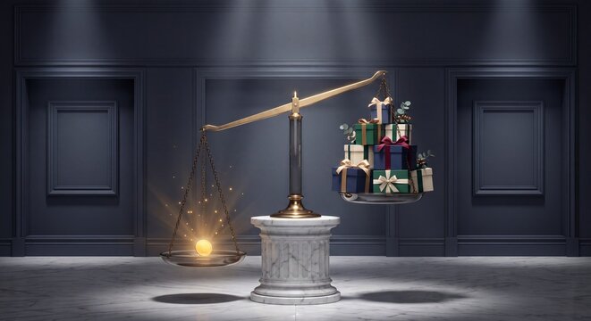 Vintage Scales Balancing a Glowing Light Against a Pile of Gift Boxes in a Dark Gallery