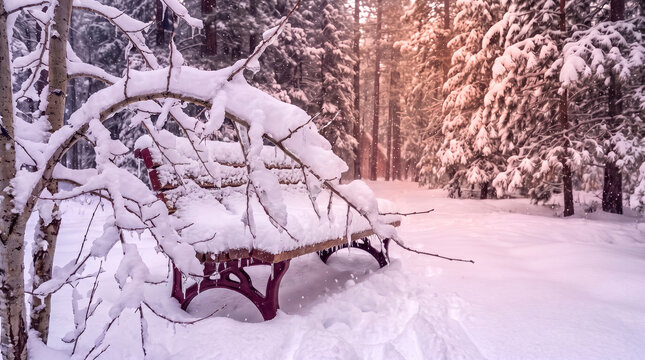 Snow-covered park bench in a winter forest with soft sunlight  