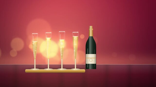 Deep red ruby red and gold row of champagne flutes New Year full scene