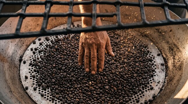 Artisan coffee roaster hand mixing freshly roasted dark coffee beans in a metal cooling tray with chaff flying in the warm light