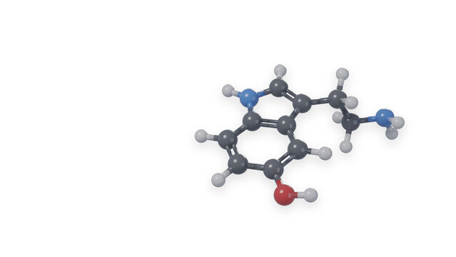 Serotonin molecule, 3D ball-and-stick model isolated on white background