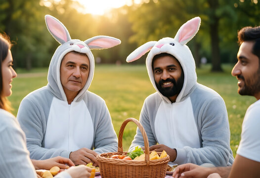 Easter celebration and holiday fun, diverse friends wearing bunny costumes having a picnic in a park during a sunny spring afternoon with food basket