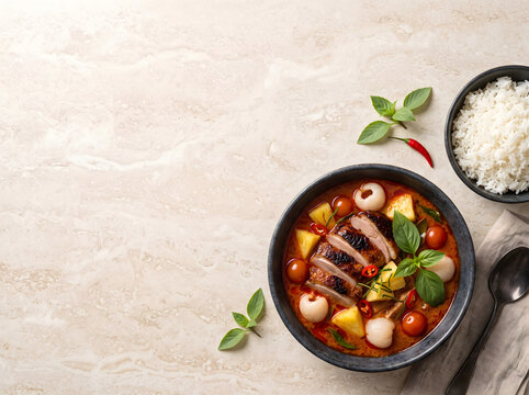 Thai red curry Gaeng Phed Ped Yang with roasted duck breast, lychee, pineapple and cherry tomatoes served with steamed jasmine rice on marble surface