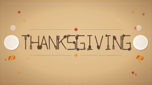 Minimalist Flat Design Thanksgiving Table Setting With Cutlery And Autumn Leaves