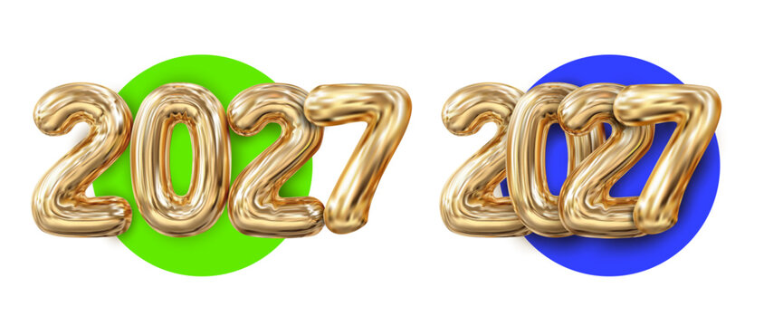 Two 2027 arrangements of shiny gold foil balloon numerals in front of vibrant green and blue circular backdrops on white, a festive concept for New Year celebrations, greeting cards and banners.