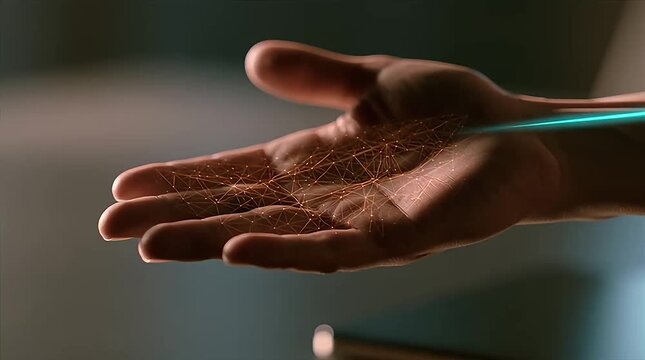 Biometric palm scanner verifying identity with glowing light beam and data mapping network
