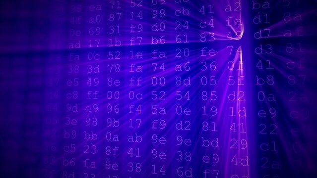 Colorful digital data digits and streaming source code background with light beams