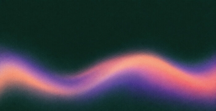 Peach and violet glowing wave on dark green grainy gradient