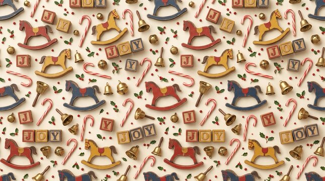 Vintage christmas toy pattern with wooden alphabet blocks spelling joy light cream background
