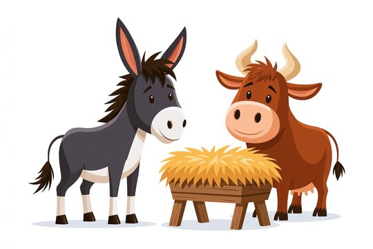 Donkey and cow with hay trough on white background