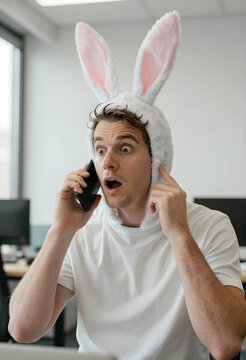 Workplace humor and office culture, surprised man wearing bunny ears headband talking on smartphone at desk in corporate environment during easter