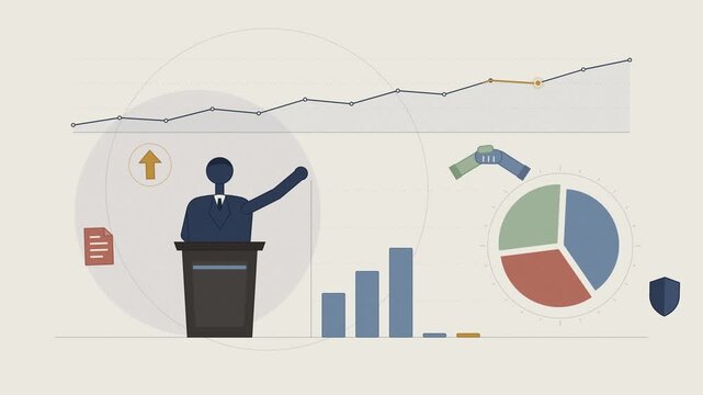Animated infographic showing business growth with charts and a speaker at podium