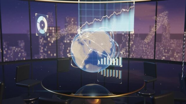 Holographic globe with digital data charts in futuristic office meeting room