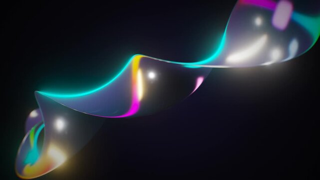 Abstract glowing translucent ribbon twisting in dark space with colorful reflections