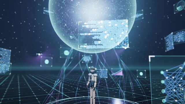 Futuristic robot analyzing digital data sphere in virtual network environment