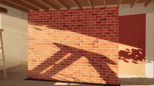 Time-lapse of brick wall construction and interior wall painting in sunlit room