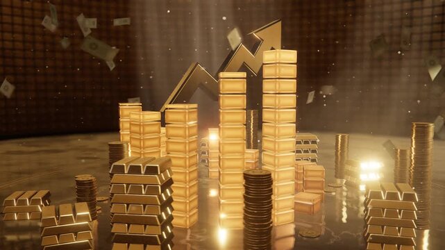Rising gold bars and coins with upward financial growth arrow in vault