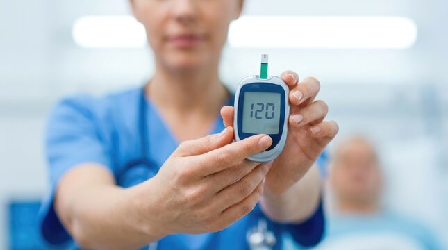 A healthcare professional holding a blood glucose monitor displaying a reading of 120, indicating a checkup for diabetes management in a clinical setting
