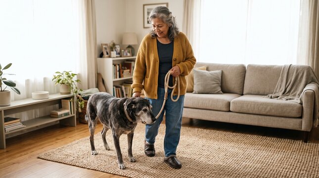 Senior dog practices safe steps at home after consult