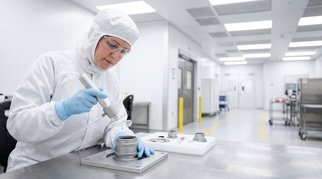 Cleanroom operator prepares a precision lens barrel