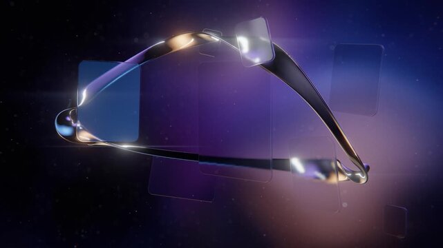 Abstract metallic loop with floating transparent rectangles on dark gradient background