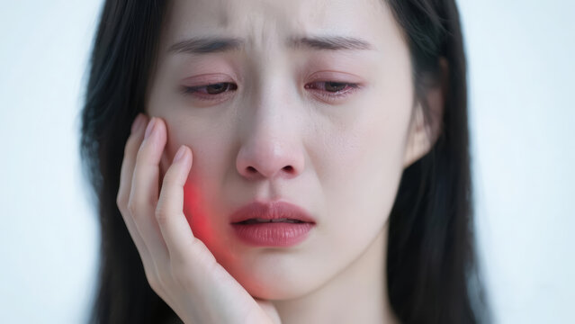 East Asian woman suffering from dental pain with a glowing red spot on her jaw for toothache or sensitive teeth concepts