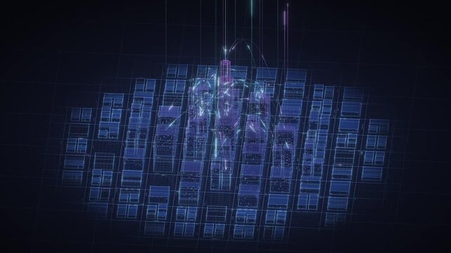 Digital holographic cityscape with glowing data streams and network connections