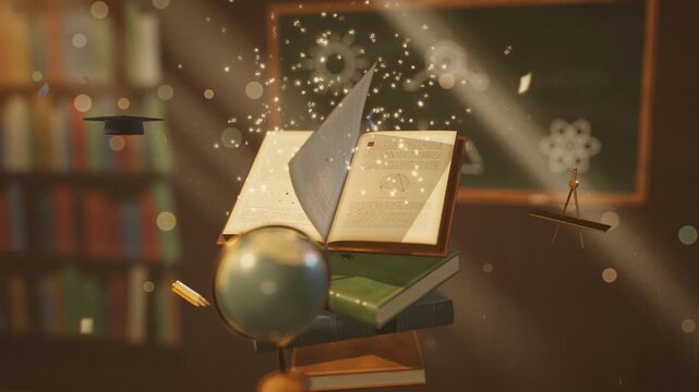 Magical floating books and educational objects with glowing letters in classroom