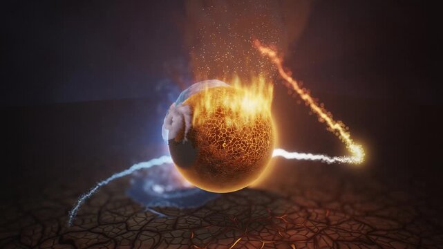 3D animation of a planet with fire and ice elements orbiting in a dark cracked environment
