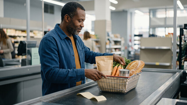 Shoppers organize everyday food staples at the checkout counter