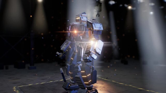 Futuristic robot assembling and activating in a dark industrial warehouse with dramatic lighting