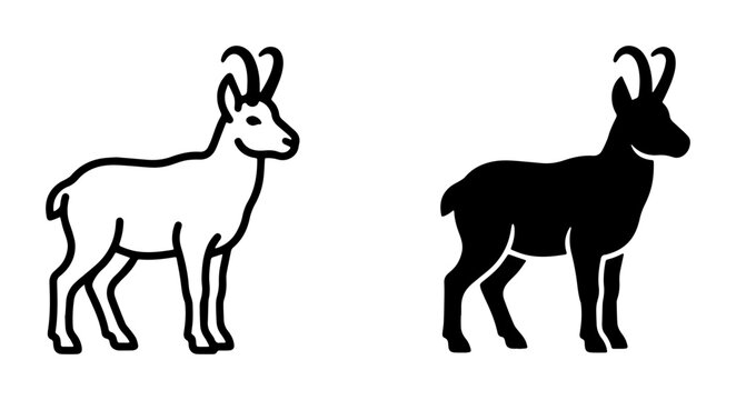 Chamois silhouettes set with goat antelope and ibex, wild mountain animals for logo
