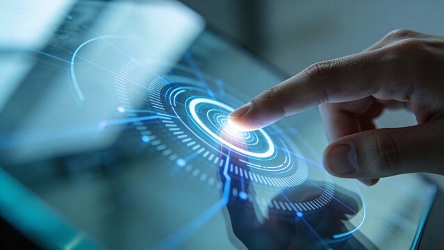 Index finger pressing luminous digital button on glass screen with glowing blue concentric circles and technical user interface