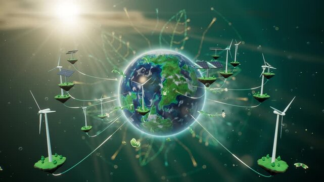 3D Earth with Floating Renewable Energy Islands, Wind Turbines and Solar Panels