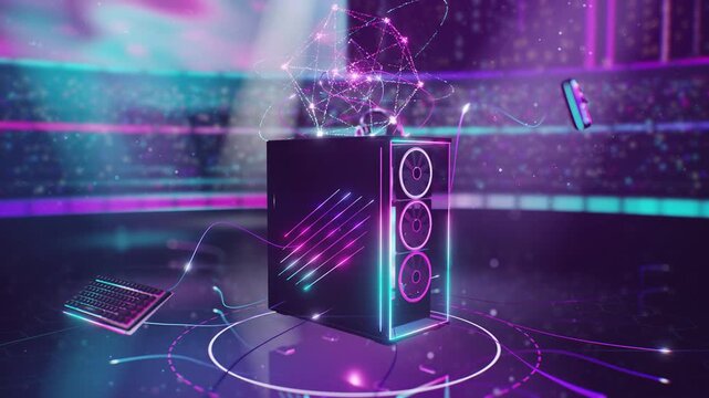 Futuristic gaming computer with neon lights and floating accessories in digital arena