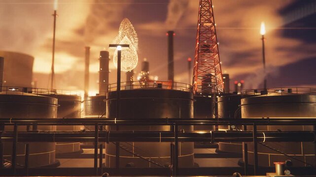Industrial oil refinery with storage tanks and oil drop hologram at sunset