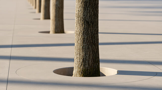 Minimalist architectural landscape photography featuring a precise row of tree trunks planted in circular cutouts within a smooth concrete floor