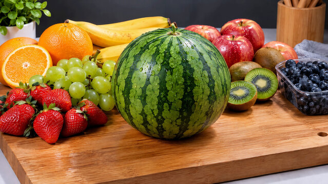 Fresh Colorful Fruit Arrangement with Watermelon, Strawberries, Grapes and Citrus on Wooden Cutting Board