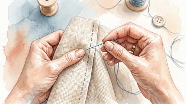 Hands Sewing a Fabric Hem with Blue Thread, Watercolor Illustration