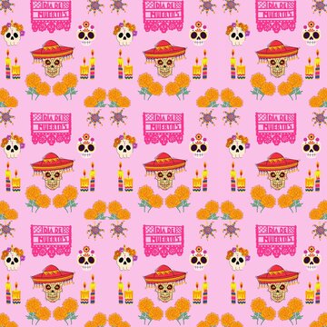 Day of the Dead seamless pattern with sugar skulls, marigold flowers and papel picado, Dia de los Muertos digital paper on pink background
