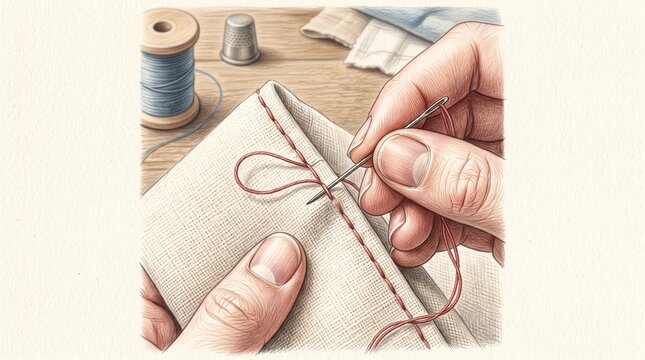 Hands Sewing Fabric with Needle and Red Thread, Colored Pencil Illustration