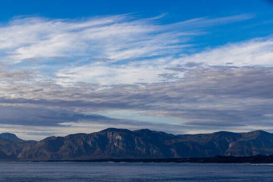 Walker Bay and silhouette of Klein Mountains from DeKelders, South Africa