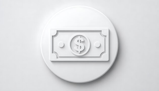 Minimalist white dollar banknote icon rendered in clean 3d style featuring soft shadows and smooth plastic texture centered on a circular button against a plain neutral background for finance design