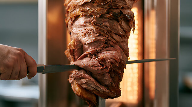 Delicious vertical rotisserie meat stack roasted on a metal spit with a sharp knife slice the warm beef in a commercial kitchen setup