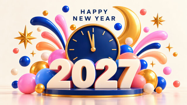 Bright and fun New Year 2027 celebration background. Playful glossy numbers, colourful objects and soft pastel tones, modern background