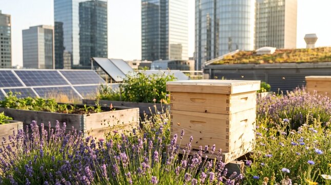 Urban rooftop beehive in rooftop garden with city skyline background