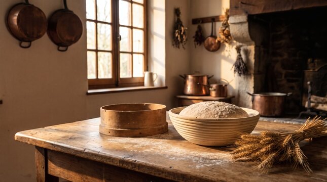 Rustic farmhouse kitchen baking table with sourdough dough in banneton basket